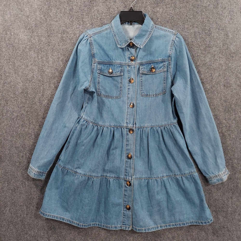 Boohoo Shirt Dress Womens 6 Blue Denim Long Sleeve Tiered Button Front Mini